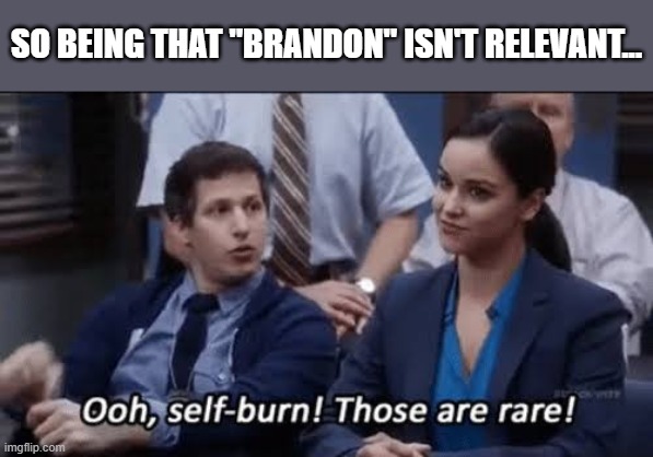 Ooh, self-burn! Those are rare! | SO BEING THAT "BRANDON" ISN'T RELEVANT... | image tagged in ooh self-burn those are rare | made w/ Imgflip meme maker
