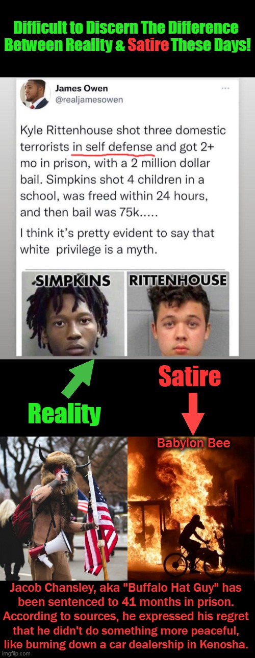 When The Babylon Bee Parallels Reality A Little Too Closely. . . . | Difficult to Discern The Difference 

Between Reality &                These Days! Satire; Satire; Reality; Babylon Bee; Jacob Chansley, aka "Buffalo Hat Guy" has 
been sentenced to 41 months in prison. 
According to sources, he expressed his regret; that he didn't do something more peaceful, 
like burning down a car dealership in Kenosha. | image tagged in politics,reality and satire,liberalism,progressives,peaceful protests unpunished,hypocrisy of the left | made w/ Imgflip meme maker