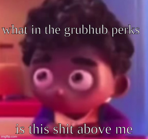 Grub-Hub Ad Kid | what in the grubhub perks; is this shit above me | image tagged in grub-hub ad kid | made w/ Imgflip meme maker