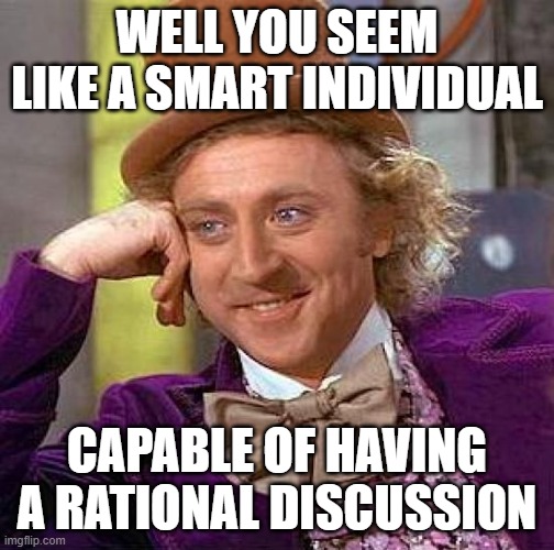 Creepy Condescending Wonka Meme | WELL YOU SEEM LIKE A SMART INDIVIDUAL CAPABLE OF HAVING A RATIONAL DISCUSSION | image tagged in memes,creepy condescending wonka | made w/ Imgflip meme maker