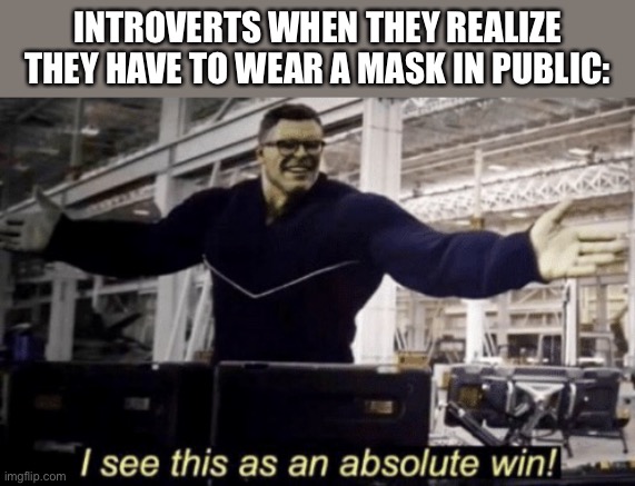 I See This as an Absolute Win! | INTROVERTS WHEN THEY REALIZE THEY HAVE TO WEAR A MASK IN PUBLIC: | image tagged in i see this as an absolute win | made w/ Imgflip meme maker