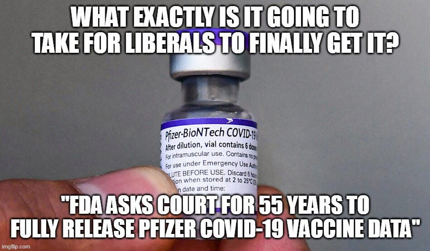 We have to wait 55 YEARS before we find out what happened? | WHAT EXACTLY IS IT GOING TO TAKE FOR LIBERALS TO FINALLY GET IT? "FDA ASKS COURT FOR 55 YEARS TO FULLY RELEASE PFIZER COVID-19 VACCINE DATA" | image tagged in covid 19,covidiots,liberal logic,stupid liberals,covid vaccine | made w/ Imgflip meme maker