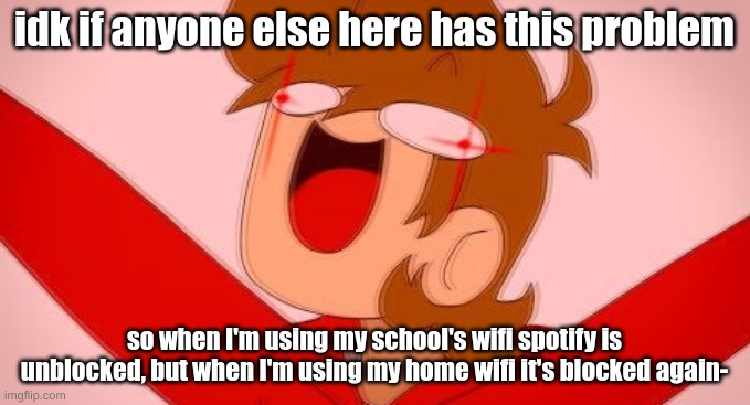 tord on drugs | idk if anyone else here has this problem; so when I'm using my school's wifi spotify is unblocked, but when I'm using my home wifi it's blocked again- | image tagged in tord on drugs | made w/ Imgflip meme maker