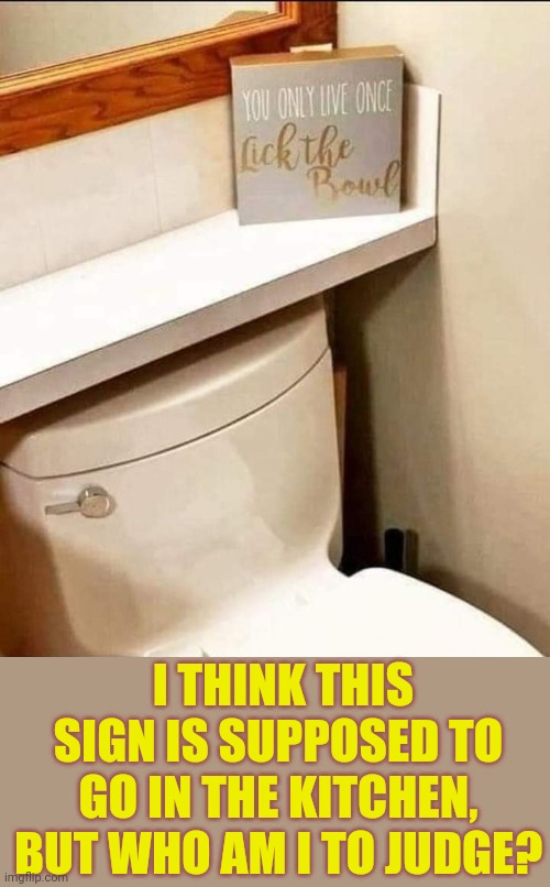 Please don't | I THINK THIS SIGN IS SUPPOSED TO GO IN THE KITCHEN, BUT WHO AM I TO JUDGE? | image tagged in bowl,licking,toilet humor,funny,bathroom,memes | made w/ Imgflip meme maker