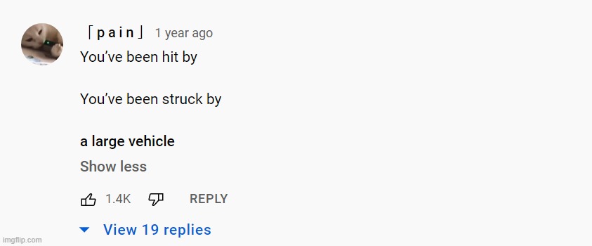 I found this comment on a video of an anime clip of someone getting hit by a truck: | made w/ Imgflip meme maker