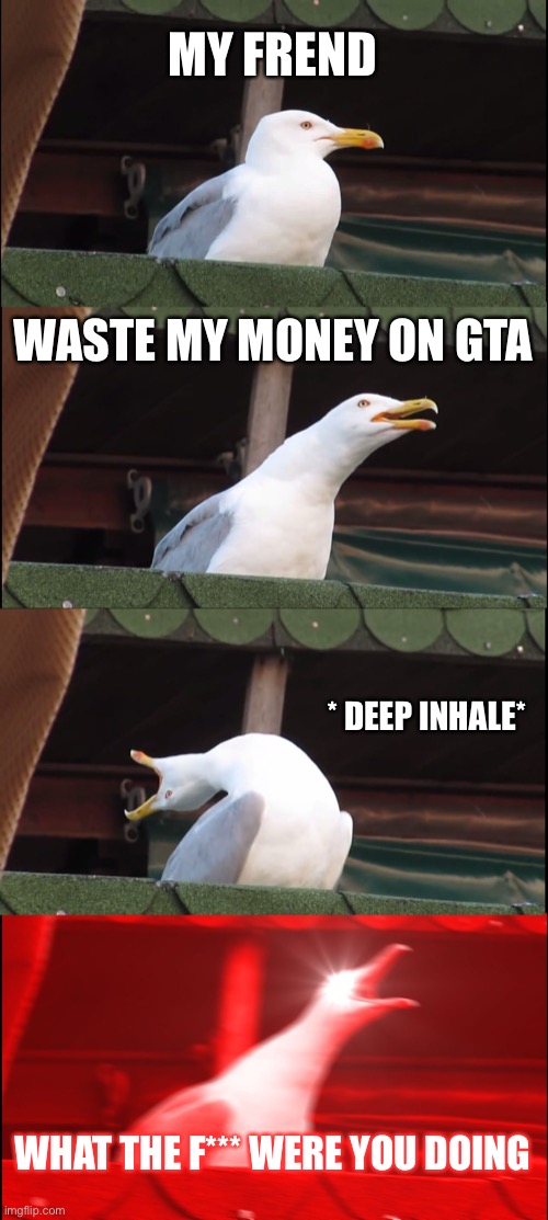 Inhaling Seagull | MY FREND; WASTE MY MONEY ON GTA; * DEEP INHALE*; WHAT THE F*** WERE YOU DOING | image tagged in memes,inhaling seagull | made w/ Imgflip meme maker
