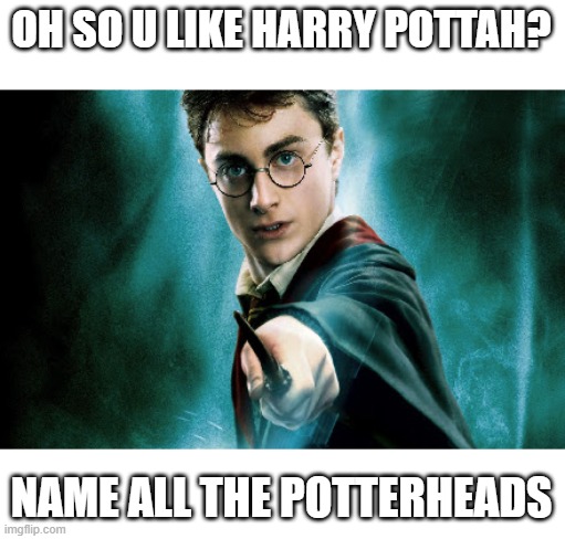 NAME OL POTTER HEDS | OH SO U LIKE HARRY POTTAH? NAME ALL THE POTTERHEADS | image tagged in harry potter | made w/ Imgflip meme maker