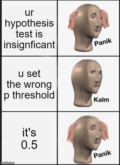 hypothesis test | ur hypothesis test is insignficant; u set the wrong p threshold; it's 0.5 | image tagged in memes,panik kalm panik,school,knowledge,hypothesis test | made w/ Imgflip meme maker