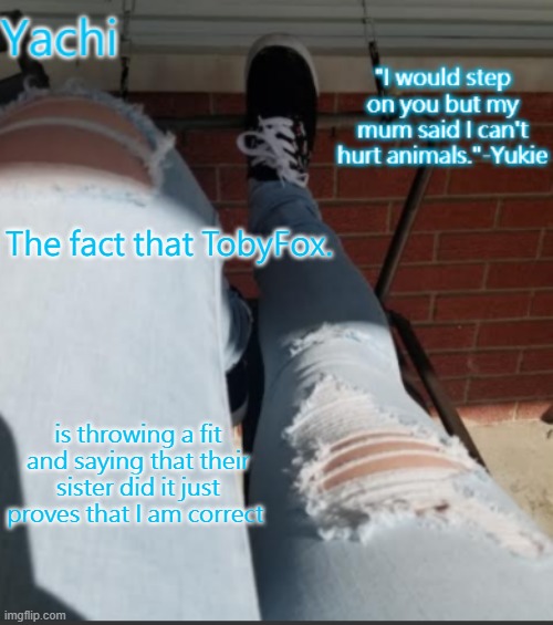 Yachi's shoe temp | The fact that TobyFox. is throwing a fit and saying that their sister did it just proves that I am correct | image tagged in yachi's shoe temp | made w/ Imgflip meme maker