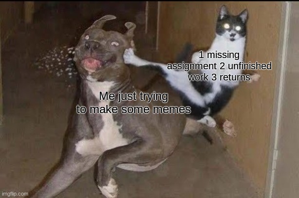 example of this template | 1 missing assignment 2 unfinished work 3 returns; Me just trying to make some memes | image tagged in cat kicking dog | made w/ Imgflip meme maker