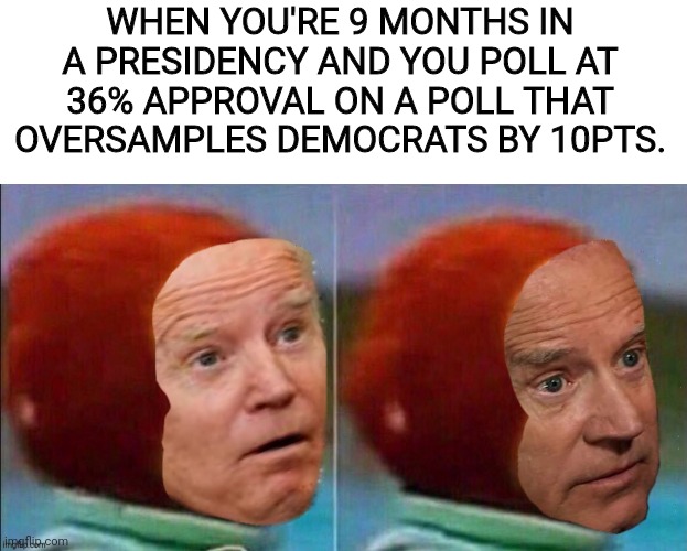 joes Approval is probably more like 26% | WHEN YOU'RE 9 MONTHS IN A PRESIDENCY AND YOU POLL AT 36% APPROVAL ON A POLL THAT OVERSAMPLES DEMOCRATS BY 10PTS. | image tagged in joe biden,pedo,joe biden worries,creepy joe biden | made w/ Imgflip meme maker