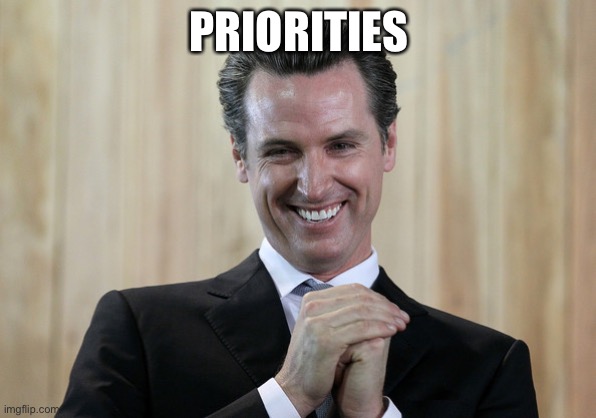 Scheming Gavin Newsom  | PRIORITIES | image tagged in scheming gavin newsom | made w/ Imgflip meme maker