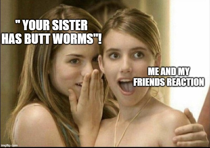 Girls whispering | " YOUR SISTER HAS BUTT WORMS"! ME AND MY FRIENDS REACTION | image tagged in girls whispering | made w/ Imgflip meme maker