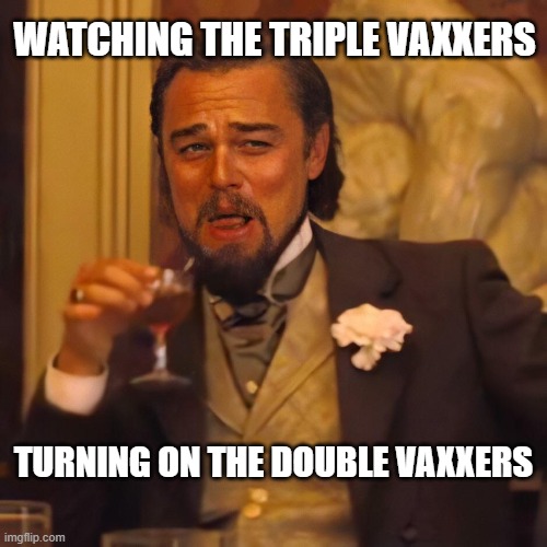 Triple Vaxxers Turning on Double Vaxxers | WATCHING THE TRIPLE VAXXERS; TURNING ON THE DOUBLE VAXXERS | image tagged in laughing leo | made w/ Imgflip meme maker