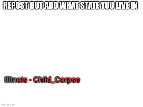 E R I K A | REPOST BUT ADD WHAT STATE YOU LIVE IN; Illinois - Child_Corpse | image tagged in blank white template | made w/ Imgflip meme maker