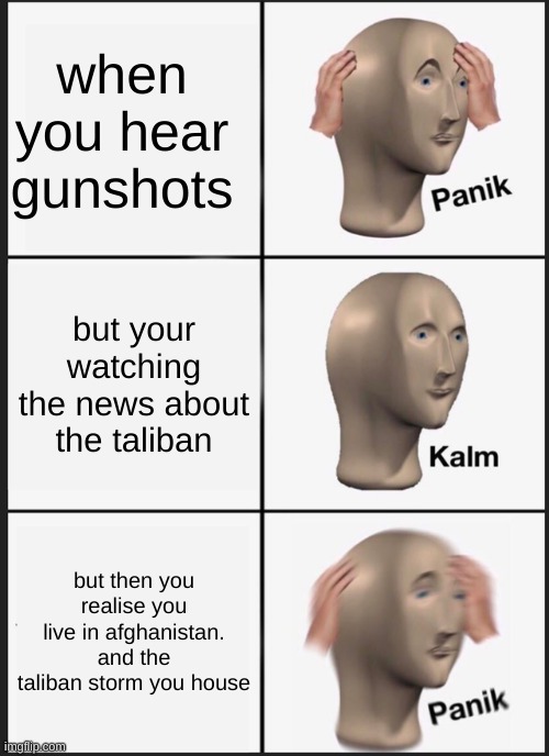 guns! | when you hear gunshots; but your watching the news about the taliban; but then you realise you live in afghanistan. and the taliban storm you house | image tagged in memes,panik kalm panik | made w/ Imgflip meme maker