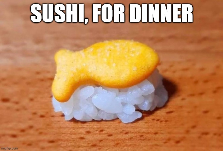 Sushi Anyone? | SUSHI, FOR DINNER | image tagged in sushi,e-sushi,wtf | made w/ Imgflip meme maker