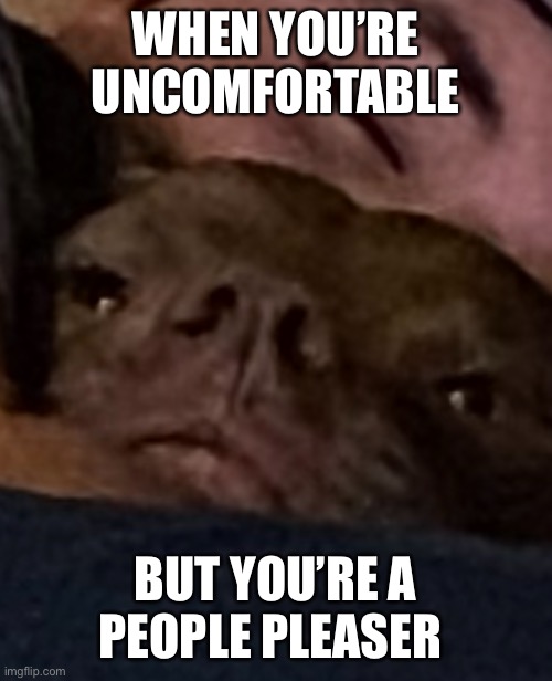 Cuddled out | WHEN YOU’RE UNCOMFORTABLE; BUT YOU’RE A PEOPLE PLEASER | image tagged in cuddled out | made w/ Imgflip meme maker