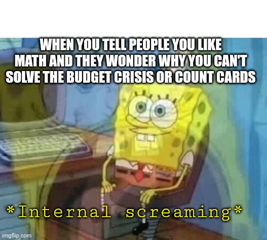 Internal screaming | WHEN YOU TELL PEOPLE YOU LIKE MATH AND THEY WONDER WHY YOU CAN'T SOLVE THE BUDGET CRISIS OR COUNT CARDS; *Internal screaming* | image tagged in internal screaming,math | made w/ Imgflip meme maker