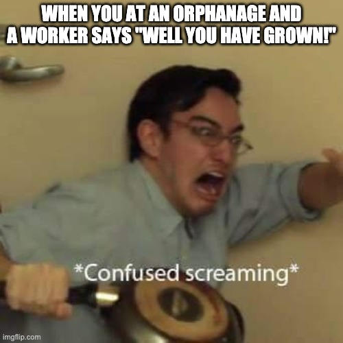 hope this does not happen | WHEN YOU AT AN ORPHANAGE AND A WORKER SAYS "WELL YOU HAVE GROWN!" | image tagged in filthy frank confused scream | made w/ Imgflip meme maker