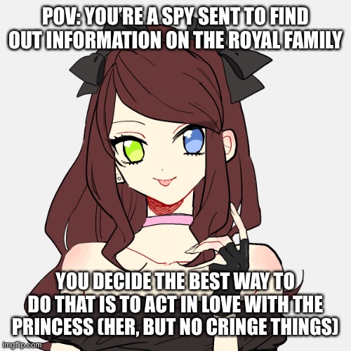 Op oc’s allowed. This will eventually end up romance straight male ocs please. No joke ocs | POV: YOU’RE A SPY SENT TO FIND OUT INFORMATION ON THE ROYAL FAMILY; YOU DECIDE THE BEST WAY TO DO THAT IS TO ACT IN LOVE WITH THE PRINCESS (HER, BUT NO CRINGE THINGS) | image tagged in ellie | made w/ Imgflip meme maker