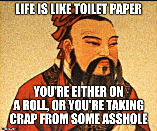 Be the asshole. It is a better thing to give crap than to receive it. | LIFE IS LIKE TOILET PAPER; YOU'RE EITHER ON A ROLL, OR YOU'RE TAKING CRAP FROM SOME ASSHOLE | image tagged in ancient chinese wisdom | made w/ Imgflip meme maker