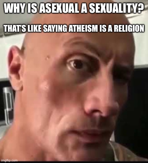 hm? | WHY IS ASEXUAL A SEXUALITY? THAT’S LIKE SAYING ATHEISM IS A RELIGION | image tagged in dwayne johnson eyebrow raise | made w/ Imgflip meme maker