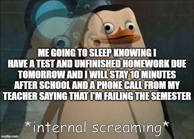 Anybody? Or Just Me. | ME GOING TO SLEEP KNOWING I HAVE A TEST AND UNFINISHED HOMEWORK DUE TOMORROW AND I WILL STAY 10 MINUTES AFTER SCHOOL AND A PHONE CALL FROM MY TEACHER SAYING THAT I'M FAILING THE SEMESTER | image tagged in rico internal screaming | made w/ Imgflip meme maker