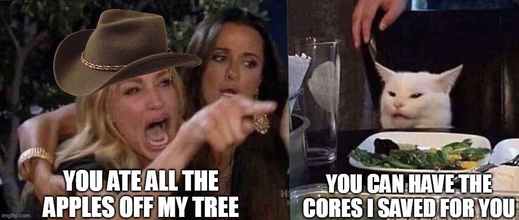 woman yelling at cat | YOU ATE ALL THE APPLES OFF MY TREE; YOU CAN HAVE THE CORES I SAVED FOR YOU | image tagged in woman yelling at cat,meme,memes,humor | made w/ Imgflip meme maker
