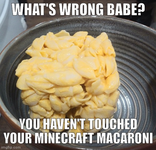 WHAT'S WRONG BABE? YOU HAVEN'T TOUCHED YOUR MINECRAFT MACARONI | made w/ Imgflip meme maker