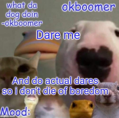 DARE MEEEEE | Dare me; And do actual dares so i don't die of boredom | image tagged in okboomer template v4 credit to yeetrex | made w/ Imgflip meme maker
