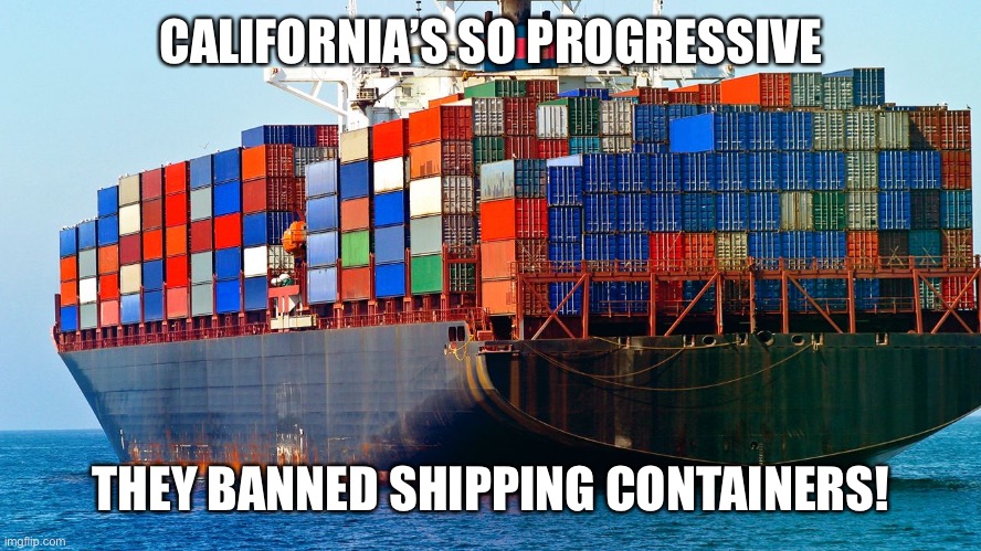 Shipping containers | CALIFORNIA’S SO PROGRESSIVE THEY BANNED SHIPPING CONTAINERS! | image tagged in shipping containers | made w/ Imgflip meme maker