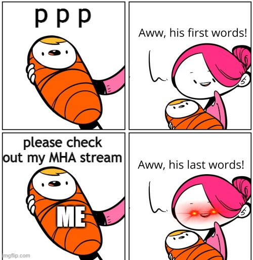 Aww, His Last Words | p p p; please check out my MHA stream; ME | image tagged in aww his last words | made w/ Imgflip meme maker