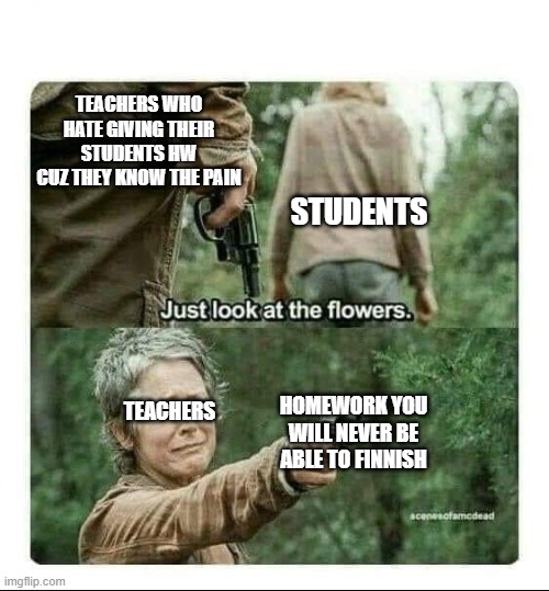 Sad noises | TEACHERS WHO HATE GIVING THEIR STUDENTS HW CUZ THEY KNOW THE PAIN; STUDENTS; TEACHERS; HOMEWORK YOU WILL NEVER BE ABLE TO FINNISH | image tagged in look at the flowers,relatable,meme | made w/ Imgflip meme maker