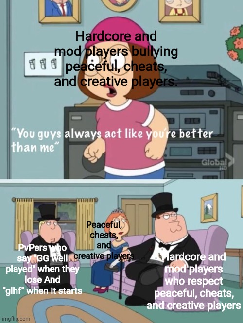 Videogames are about fun, not stress, so bullying people for playing easy mode to avoid stress is garbage | Hardcore and mod players bullying peaceful, cheats, and creative players. Peaceful, cheats, and creative players; Hardcore and mod players who respect peaceful, cheats, and creative players; PvPers who say "GG well played" when they lose And "glhf" when it starts | image tagged in glhf means,good luck have fun | made w/ Imgflip meme maker
