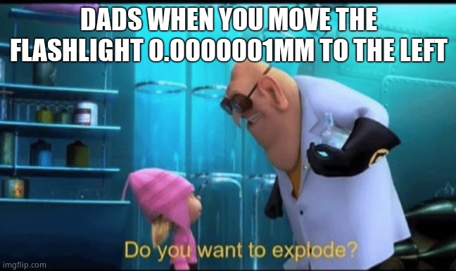 Do you want to explode? | DADS WHEN YOU MOVE THE FLASHLIGHT 0.0000001MM TO THE LEFT | image tagged in do you want to explode | made w/ Imgflip meme maker