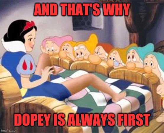 Oops | AND THAT'S WHY; DOPEY IS ALWAYS FIRST | image tagged in snow white,dopey,smooge | made w/ Imgflip meme maker