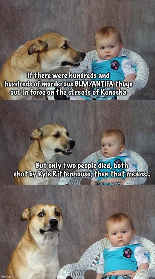 Things that make you go hmmm | If there were hundreds and hundreds of murderous BLM/ANTIFA thugs out in force on the streets of Kenosha; But only two people died, both shot by Kyle Rittenhouse, then that means… | image tagged in memes,dad joke dog | made w/ Imgflip meme maker