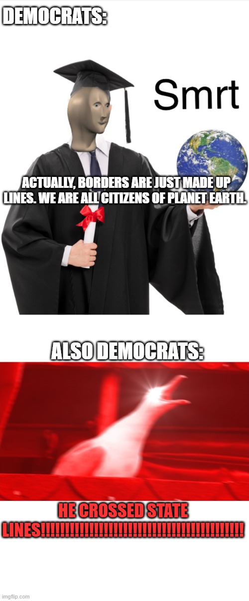 HE CROSSED STATE LINES | DEMOCRATS:; ACTUALLY, BORDERS ARE JUST MADE UP LINES. WE ARE ALL CITIZENS OF PLANET EARTH. ALSO DEMOCRATS:; HE CROSSED STATE LINES!!!!!!!!!!!!!!!!!!!!!!!!!!!!!!!!!!!!!!!!!! | image tagged in meme man smart,angry seagull | made w/ Imgflip meme maker