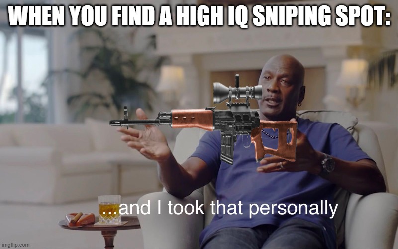 snoiper | WHEN YOU FIND A HIGH IQ SNIPING SPOT: | image tagged in and i took that personally | made w/ Imgflip meme maker