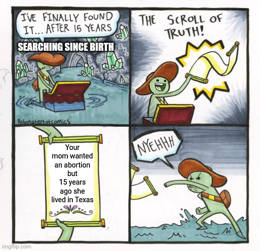 The Search is Meaningless | SEARCHING SINCE BIRTH; Your mom wanted an abortion but 15 years ago she lived in Texas | image tagged in memes,the scroll of truth | made w/ Imgflip meme maker
