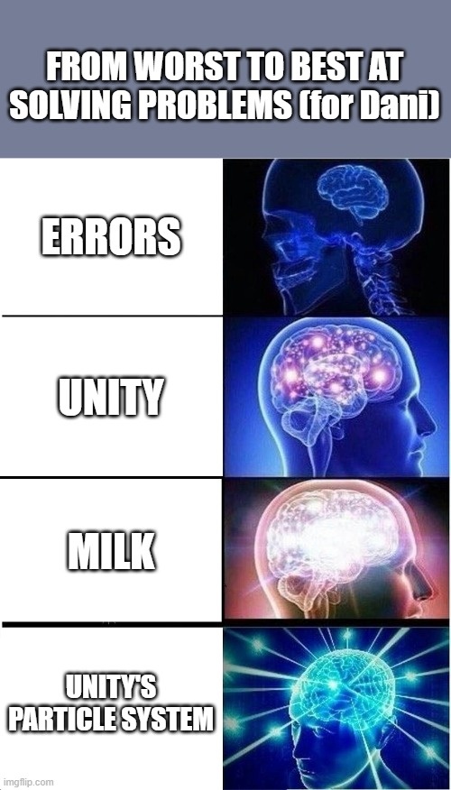 Expanding Brain Meme | FROM WORST TO BEST AT SOLVING PROBLEMS (for Dani); ERRORS; UNITY; MILK; UNITY'S PARTICLE SYSTEM | image tagged in memes,expanding brain | made w/ Imgflip meme maker