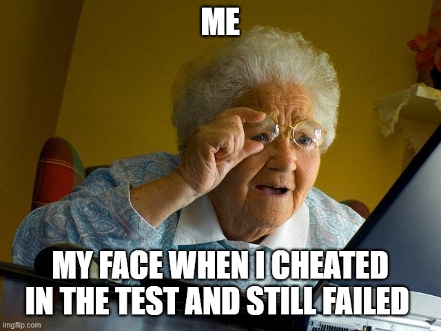 Grandma Finds The Internet Meme | ME; MY FACE WHEN I CHEATED IN THE TEST AND STILL FAILED | image tagged in memes,grandma finds the internet | made w/ Imgflip meme maker