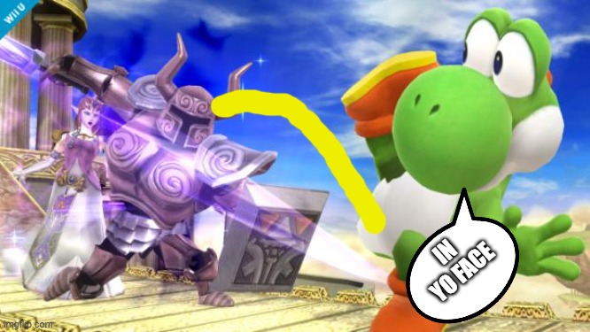 Zelda's knight killing yoshi | IN YO FACE | image tagged in zelda's knight killing yoshi,yoshi,zelda,video games,nintendo | made w/ Imgflip meme maker