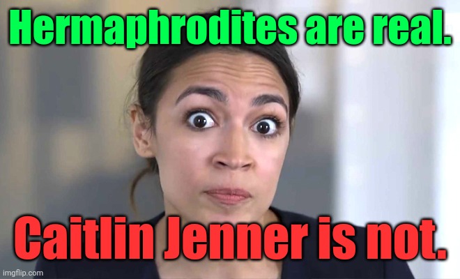 aoc Crazy Eyes, So There ! | Hermaphrodites are real. Caitlin Jenner is not. | image tagged in aoc crazy eyes so there | made w/ Imgflip meme maker