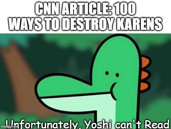 Unfortunately, Yoshi Can't Read | CNN ARTICLE: 100 WAYS TO DESTROY KARENS | image tagged in unfortunately yoshi can't read | made w/ Imgflip meme maker