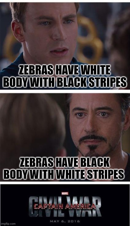 Trick question | ZEBRAS HAVE WHITE BODY WITH BLACK STRIPES; ZEBRAS HAVE BLACK BODY WITH WHITE STRIPES | image tagged in memes,marvel civil war 1 | made w/ Imgflip meme maker