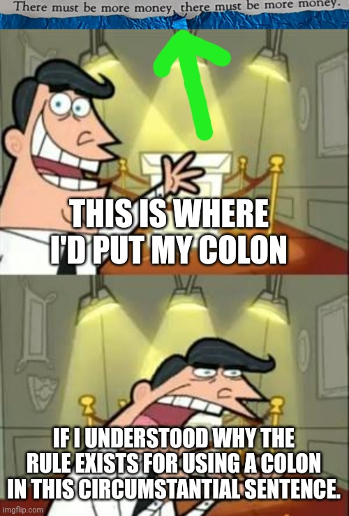 #46 |  THIS IS WHERE I'D PUT MY COLON; IF I UNDERSTOOD WHY THE RULE EXISTS FOR USING A COLON IN THIS CIRCUMSTANTIAL SENTENCE. | image tagged in tmbmm,memes,this is where i'd put my trophy if i had one,sentences | made w/ Imgflip meme maker