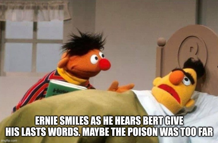 igwbwi | ERNIE SMILES AS HE HEARS BERT GIVE HIS LASTS WORDS. MAYBE THE POISON WAS TOO FAR | image tagged in ernie and bert | made w/ Imgflip meme maker