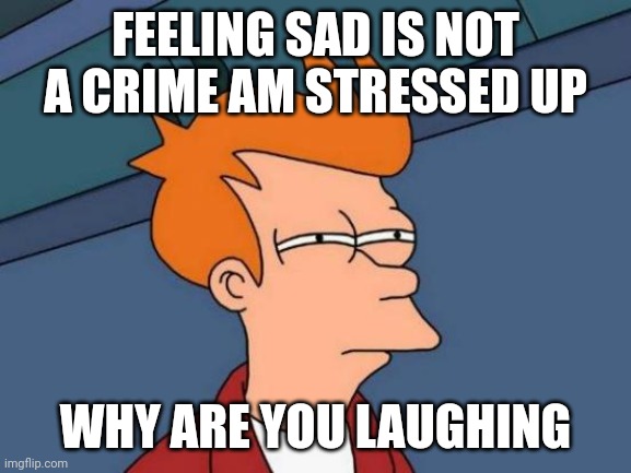 Feeling sad is not a crime | FEELING SAD IS NOT A CRIME AM STRESSED UP; WHY ARE YOU LAUGHING | image tagged in memes,futurama fry | made w/ Imgflip meme maker